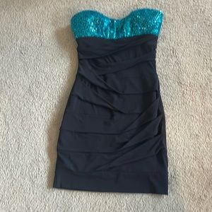 Blue-green sequined and black rouched mini